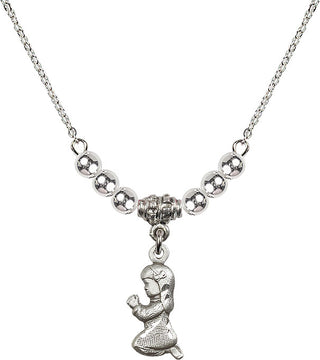 18" Rhodium Plated Necklace with 4mm Sterling Silver Beads featuring a Sterling Silver Praying Girl Medal.