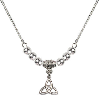 18" Rhodium Plated Necklace with 4mm Sterling Silver Beads featuring a Sterling Silver Trinity Irish Knot Medal.