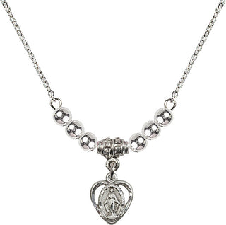 18" Rhodium Plated Necklace with 4mm Sterling Silver Beads featuring a Sterling Silver Miraculous Medal.