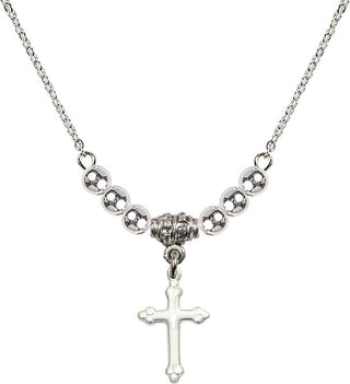 18" Rhodium Plated Necklace with 4mm Sterling Silver Beads featuring a Sterling Silver Cross Medal.