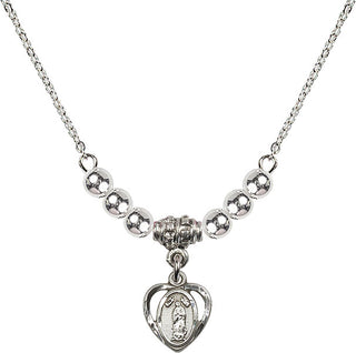 18" Rhodium Plated Necklace with 4mm Sterling Silver Beads featuring a Sterling Silver Our Lady of Guadalupe Medal.