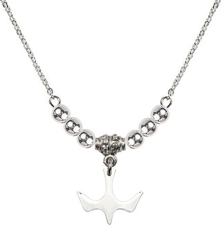 18" Rhodium Plated Necklace with 4mm Sterling Silver Beads featuring a Sterling Silver Holy Spirit Medal.