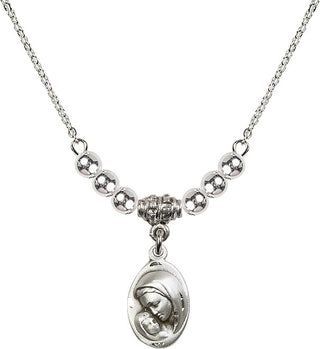 18" Rhodium Plated Necklace with 4mm Sterling Silver Beads featuring a Sterling Silver Madonna & Child Medal.