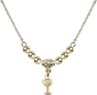 18" Hamilton Gold Plated Necklace with 4mm 14kt Gold Filled Beads featuring a 14kt Gold Filled Chalice Medal.