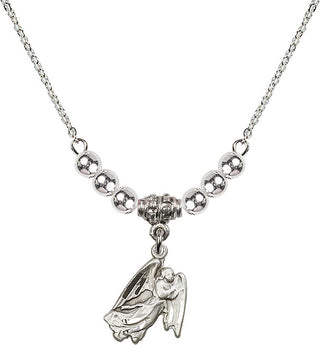 18" Rhodium Plated Necklace with 4mm Sterling Silver Beads featuring a Sterling Silver Guardian Angel Medal.
