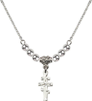 18" Rhodium Plated Necklace with 4mm Sterling Silver Beads featuring a Sterling Silver Greek Orthadox Cross Medal.
