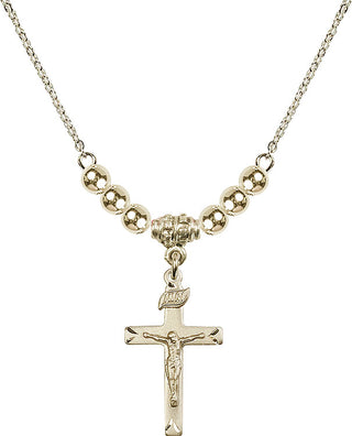 18" Hamilton Gold Plated Necklace with 4mm 14kt Gold Filled Beads featuring a 14kt Gold Filled Crucifix Medal.