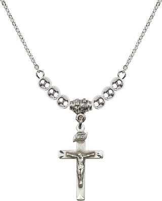 18" Rhodium Plated Necklace with 4mm Sterling Silver Beads featuring a Sterling Silver Crucifix Medal.
