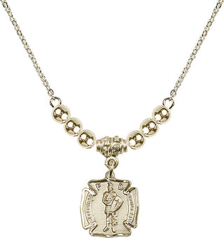 18" Hamilton Gold Plated Necklace with 4mm 14kt Gold Filled Beads featuring a 14kt Gold Filled Saint Florian Medal. Engraved Catholic Saint Jewelry
