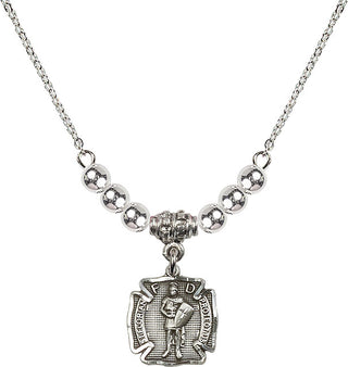 18" Rhodium Plated Necklace with 4mm Sterling Silver Beads featuring a Sterling Silver Saint Florian Medal. Engraved Catholic Saint Jewelry