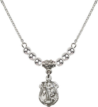 18" Rhodium Plated Necklace with 4mm Sterling Silver Beads featuring a Sterling Silver Saint Michael the Archangel Medal. Engraved Catholic Saint Jewelry
