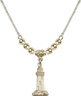 18" Hamilton Gold Plated Necklace with 4mm 14kt Gold Filled Beads featuring a 14kt Gold Filled Lighthouse Medal.