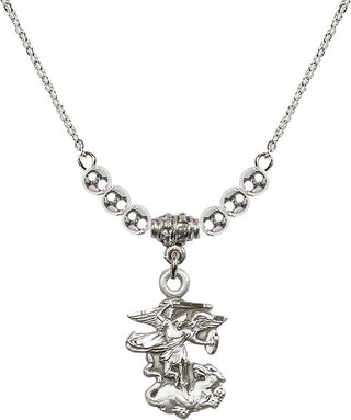 18" Rhodium Plated Necklace with 4mm Sterling Silver Beads featuring a Sterling Silver Saint Michael the Archangel Medal.