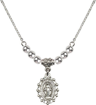 18" Rhodium Plated Necklace with 4mm Sterling Silver Beads featuring a Sterling Silver Miraculous Medal.
