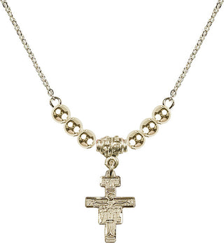 18" Hamilton Gold Plated Necklace with 4mm 14kt Gold Filled Beads featuring a 14kt Gold Filled San Damiano Crucifix Medal.