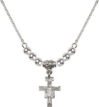 18" Rhodium Plated Necklace with 4mm Sterling Silver Beads featuring a Sterling Silver San Damiano Crucifix Medal.