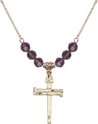 18" Hamilton Gold Plated Necklace with 4mm Amethyst Crystal Beads featuring a 14kt Gold Filled Nail Cross Medal.