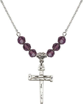 18" Rhodium Plated Necklace with 4mm Amethyst Crystal Beads featuring a Sterling Silver Nail Cross Medal.