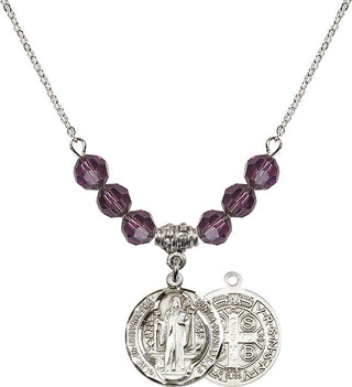 18" Rhodium Plated Necklace with 4mm Amethyst Crystal Beads featuring a Sterling Silver Saint Benedict Medal.