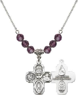 18" Rhodium Plated Necklace with 4mm Amethyst Crystal Beads featuring a Sterling Silver 5-Way Medal.