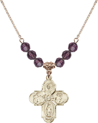 18" Hamilton Gold Plated Necklace with 4mm Amethyst Crystal Beads featuring a 14kt Gold Filled 4-Way Medal.
