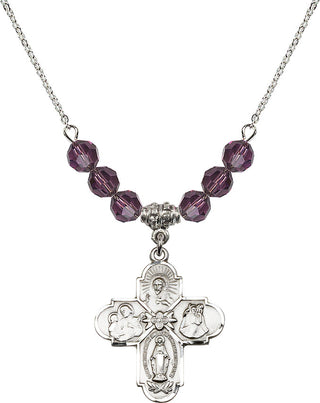 18" Rhodium Plated Necklace with 4mm Amethyst Crystal Beads featuring a Sterling Silver 4-Way Medal.