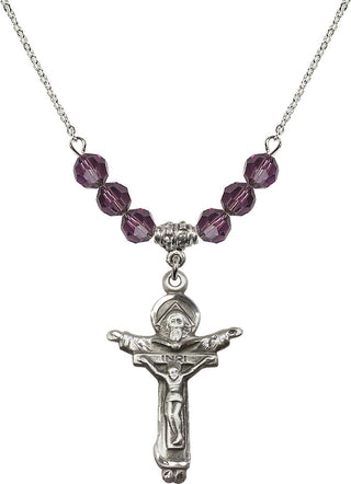 18" Rhodium Plated Necklace with 4mm Amethyst Crystal Beads featuring a Sterling Silver Trinity Crucifix Medal.