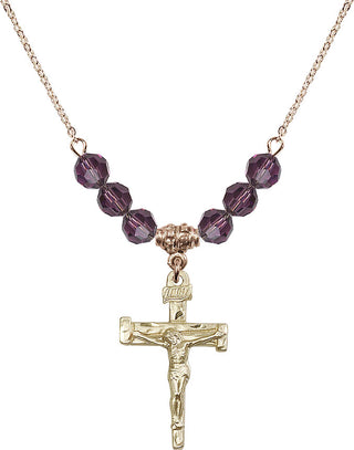 18" Hamilton Gold Plated Necklace with 4mm Amethyst Crystal Beads featuring a 14kt Gold Filled Nail Crucifix Medal.
