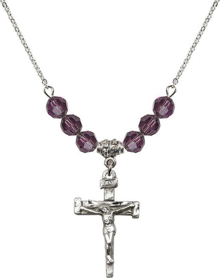 18" Rhodium Plated Necklace with 4mm Amethyst Crystal Beads featuring a Sterling Silver Nail Crucifix Medal.