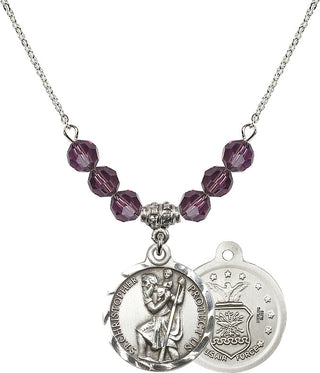 18" Rhodium Plated Necklace with 4mm Amethyst Crystal Beads featuring a Sterling Silver Saint Christopher / Air Force Medal.