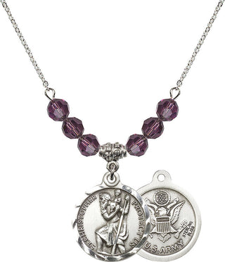 18" Rhodium Plated Necklace with 4mm Amethyst Crystal Beads featuring a Sterling Silver Saint Christopher / Army Medal.