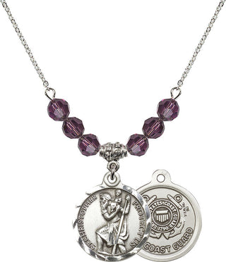 18" Rhodium Plated Necklace with 4mm Amethyst Crystal Beads featuring a Sterling Silver Saint Christopher / Coast Guard Medal.