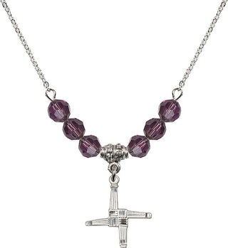 18" Rhodium Plated Necklace with 4mm Amethyst Crystal Beads featuring a Sterling Silver Saint Brigid Cross Medal.