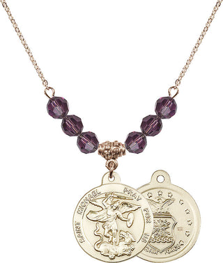 18" Hamilton Gold Plated Necklace with 4mm Amethyst Crystal Beads featuring a 14kt Gold Filled Saint Michael / Air Force Medal.
