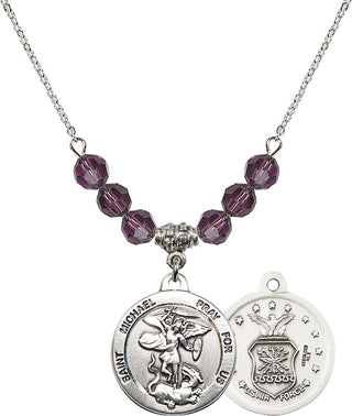 18" Rhodium Plated Necklace with 4mm Amethyst Crystal Beads featuring a Sterling Silver Saint Michael / Air Force Medal.