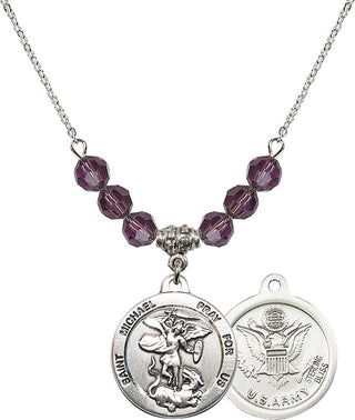 18" Rhodium Plated Necklace with 4mm Amethyst Crystal Beads featuring a Sterling Silver Saint Michael / Army Medal.
