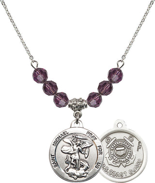 18" Rhodium Plated Necklace with 4mm Amethyst Crystal Beads featuring a Sterling Silver Saint Michael / Coast Guard Medal.