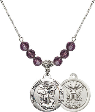 18" Rhodium Plated Necklace with 4mm Amethyst Crystal Beads featuring a Sterling Silver Saint Michael / Navy Medal.