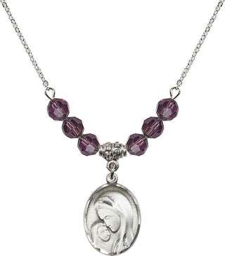 18" Rhodium Plated Necklace with 4mm Amethyst Crystal Beads featuring a Sterling Silver Madonna & Child Medal.