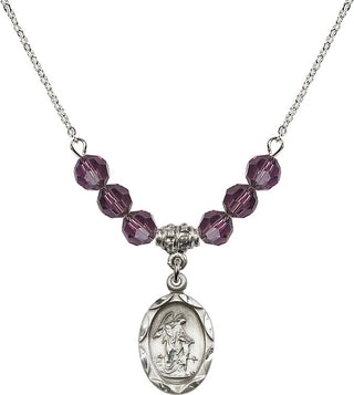18" Rhodium Plated Necklace with 4mm Amethyst Crystal Beads featuring a Sterling Silver Guardian Angel Medal. Engraved Catholic Saint Jewelry