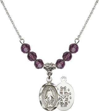 18" Rhodium Plated Necklace with 4mm Amethyst Crystal Beads featuring a Sterling Silver Miraculous Medal.