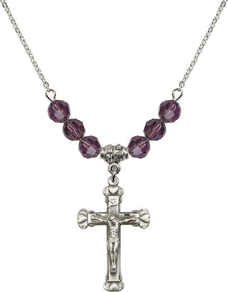 18" Rhodium Plated Necklace with 4mm Amethyst Crystal Beads featuring a Sterling Silver Crucifix Medal.