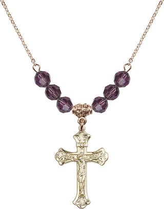 18" Hamilton Gold Plated Necklace with 4mm Amethyst Crystal Beads featuring a 14kt Gold Filled Crucifix Medal.