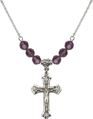 18" Rhodium Plated Necklace with 4mm Amethyst Crystal Beads featuring a Sterling Silver Crucifix Medal.
