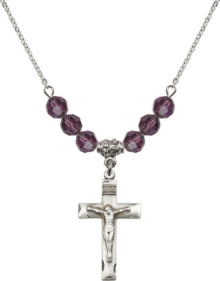18" Rhodium Plated Necklace with 4mm Amethyst Crystal Beads featuring a Sterling Silver Crucifix Medal.