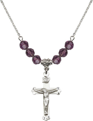 18" Rhodium Plated Necklace with 4mm Amethyst Crystal Beads featuring a Sterling Silver Crucifix Medal.