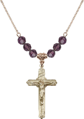 18" Hamilton Gold Plated Necklace with 4mm Amethyst Crystal Beads featuring a 14kt Gold Filled Crucifix Medal.