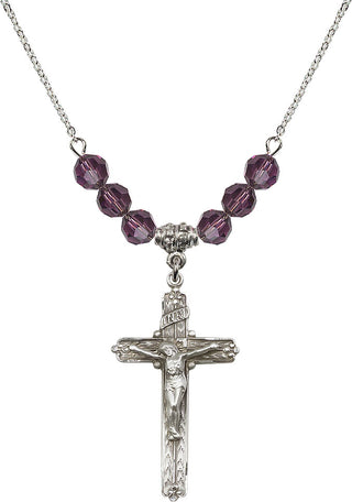 18" Rhodium Plated Necklace with 4mm Amethyst Crystal Beads featuring a Sterling Silver Crucifix Medal.