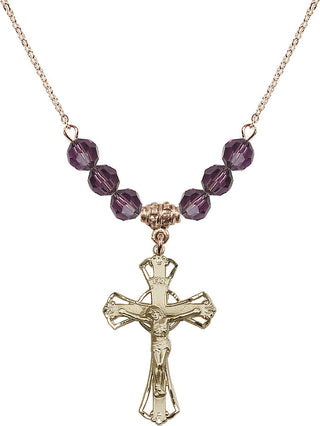 18" Hamilton Gold Plated Necklace with 4mm Amethyst Crystal Beads featuring a 14kt Gold Filled Crucifix Medal.