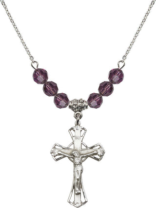 18" Rhodium Plated Necklace with 4mm Amethyst Crystal Beads featuring a Sterling Silver Crucifix Medal.
